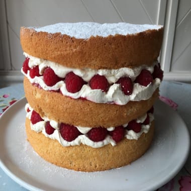 Raspberry cream sponge whole on white plate